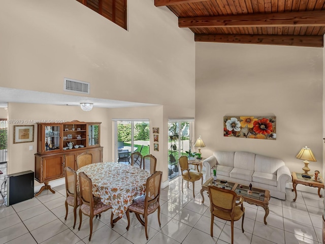 tiled dining room featuring beamed ceiling, high vaulted ceiling, and wooden ceiling