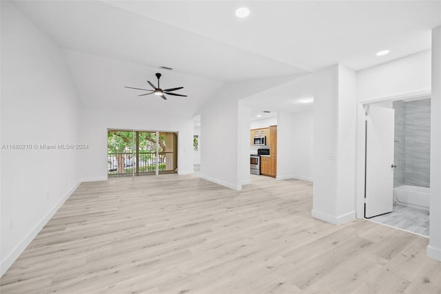 unfurnished living room with vaulted ceiling, light wood-type flooring, and ceiling fan