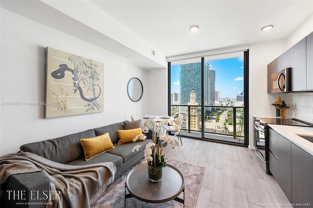 living room featuring light hardwood / wood-style floors and expansive windows