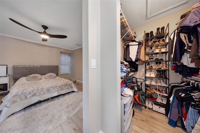 interior space with crown molding, light wood-type flooring, and ceiling fan