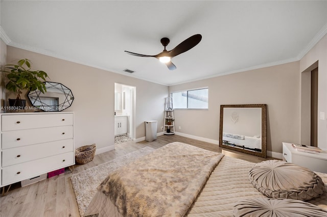 bedroom with connected bathroom, ceiling fan, crown molding, and light wood-type flooring