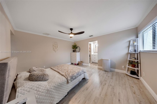 bedroom with ensuite bath, ornamental molding, light hardwood / wood-style floors, and ceiling fan