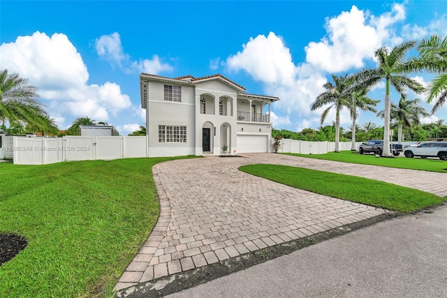 mediterranean / spanish home with a front lawn, a garage, and a balcony