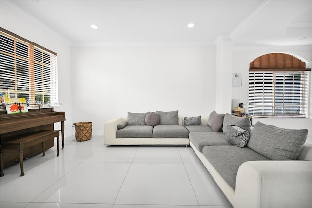 living room featuring crown molding and tile patterned floors