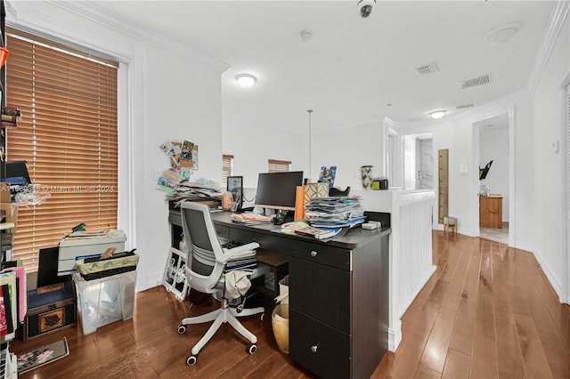 home office featuring crown molding and dark hardwood / wood-style floors