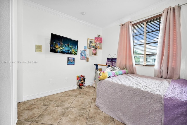 tiled bedroom with crown molding