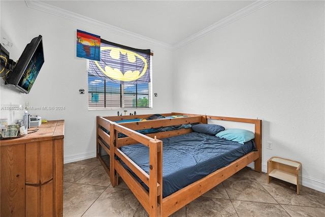 tiled bedroom with ornamental molding