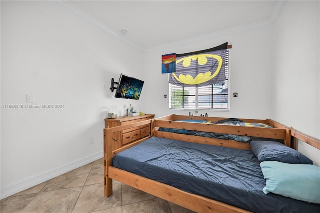 tiled bedroom with ornamental molding