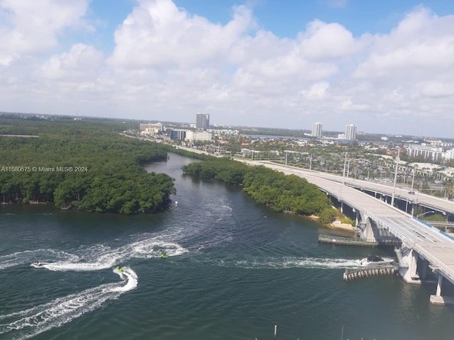 drone / aerial view with a water view