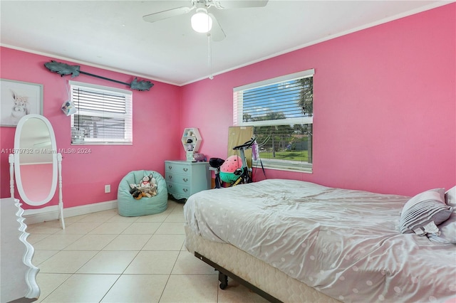 bedroom featuring tile patterned flooring and ceiling fan