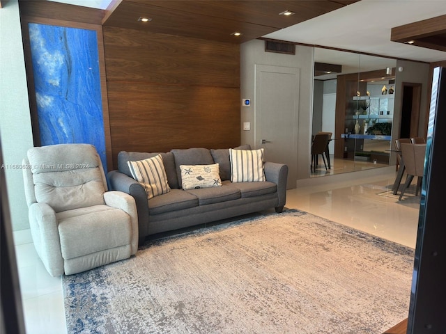 living room featuring wooden ceiling