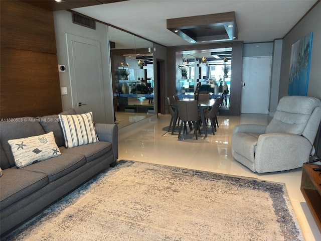 living room featuring tile patterned flooring