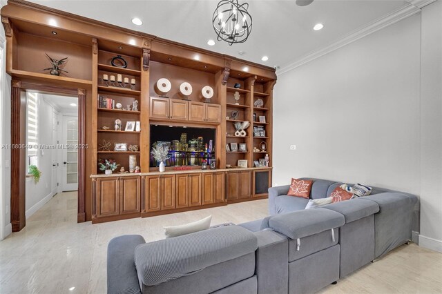 2294 SW 195th Ave, Miramar, FL 33029 - living area with crown molding, baseboards, built in features, recessed lighting, and a chandelier