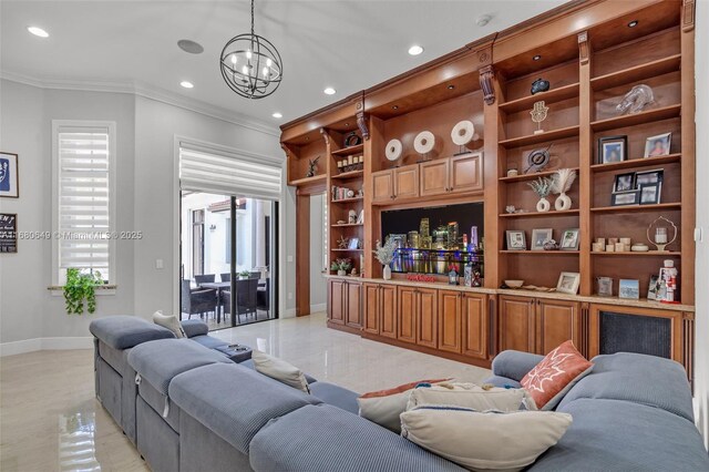 2294 SW 195th Ave, Miramar, FL 33029 - living room featuring built in shelves, baseboards, crown molding, recessed lighting, and a chandelier