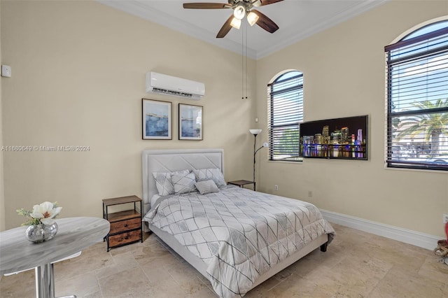 bedroom featuring a wall unit AC, ceiling fan, and crown molding