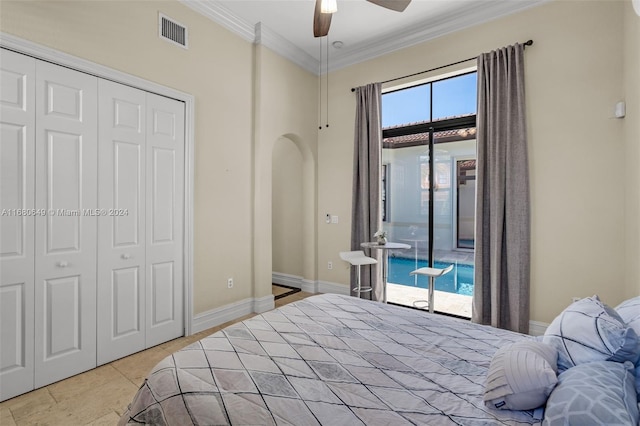 tiled bedroom with ceiling fan, crown molding, access to outside, and a closet