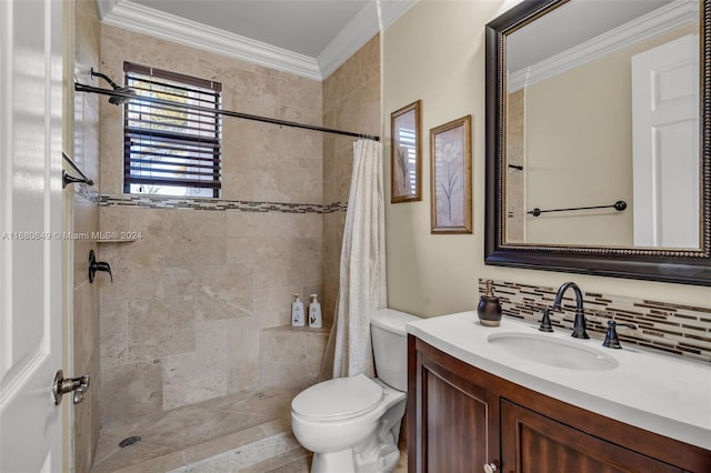 bathroom featuring decorative backsplash, a shower with curtain, vanity, and crown molding