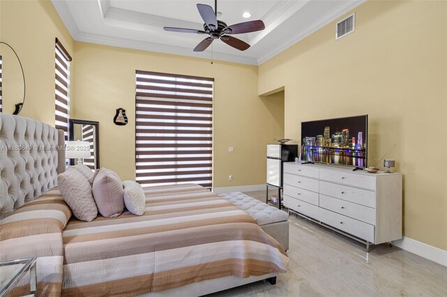 2294 SW 195th Ave, Miramar, FL 33029 - bedroom featuring ornamental molding, a raised ceiling, baseboards, and ceiling fan