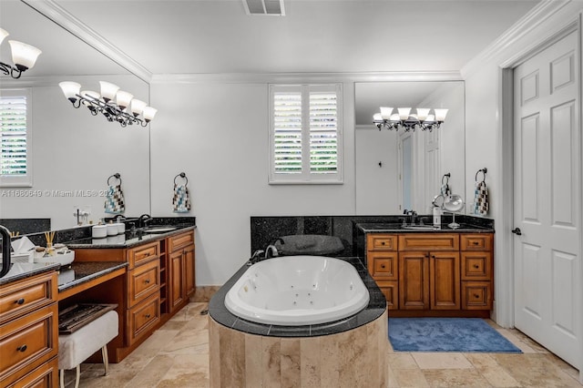 bathroom featuring a relaxing tiled tub, vanity, a healthy amount of sunlight, and crown molding