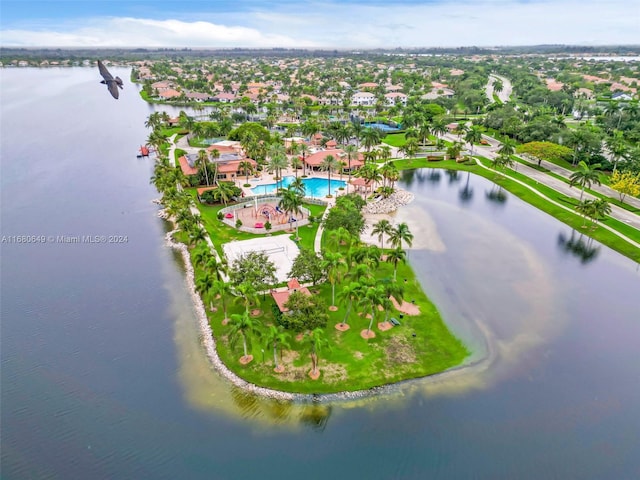 bird's eye view with a water view