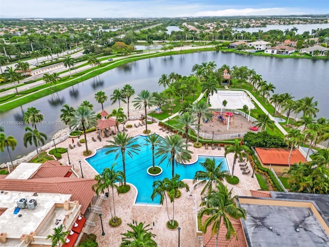 aerial view featuring a water view