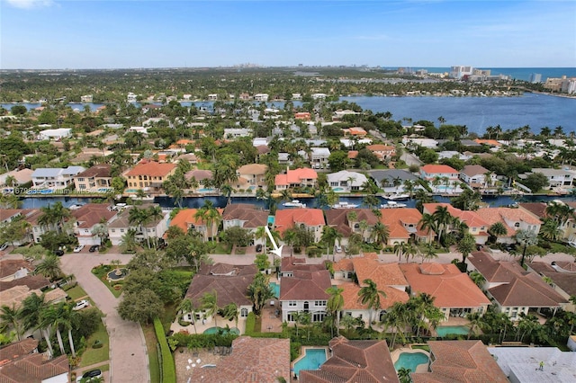 aerial view featuring a water view