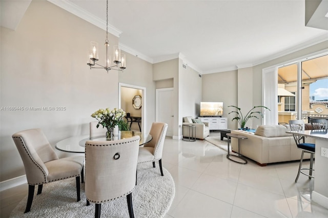 dining area featuring light tile patterned floors, baseboards, a chandelier, and crown molding