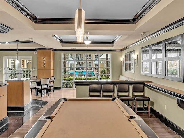 playroom with billiards, ornamental molding, and a wealth of natural light