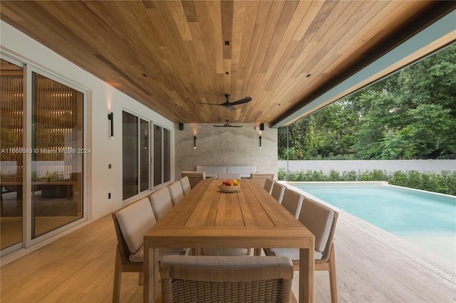 view of patio with a fenced in pool and ceiling fan