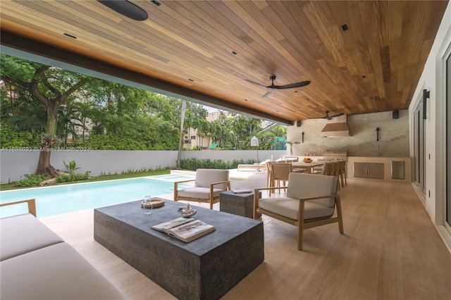 view of patio / terrace featuring outdoor lounge area, a fenced in pool, and ceiling fan