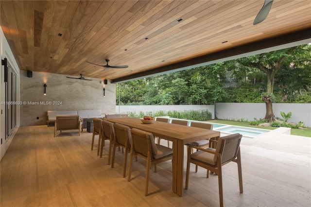 view of patio featuring ceiling fan and a fenced in pool