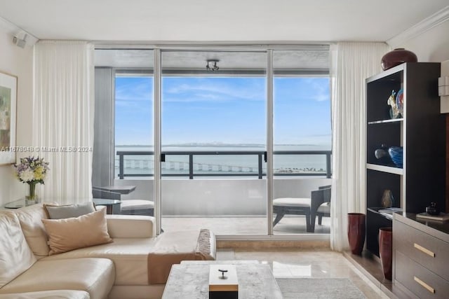 living room featuring a water view, crown molding, and light hardwood / wood-style floors