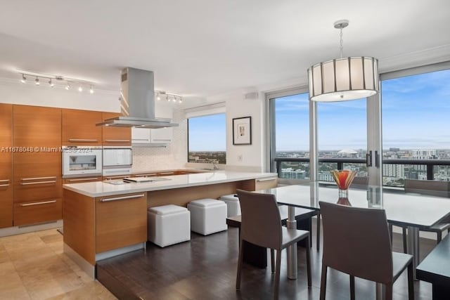 kitchen featuring island range hood, white oven, dark hardwood / wood-style floors, hanging light fixtures, and backsplash