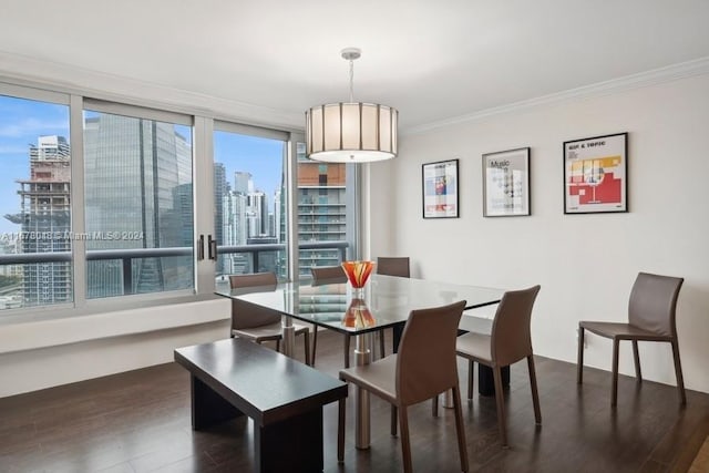 dining space with crown molding, dark hardwood / wood-style floors, and plenty of natural light