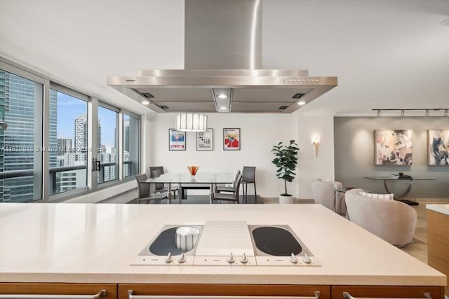 kitchen featuring white stovetop and island range hood