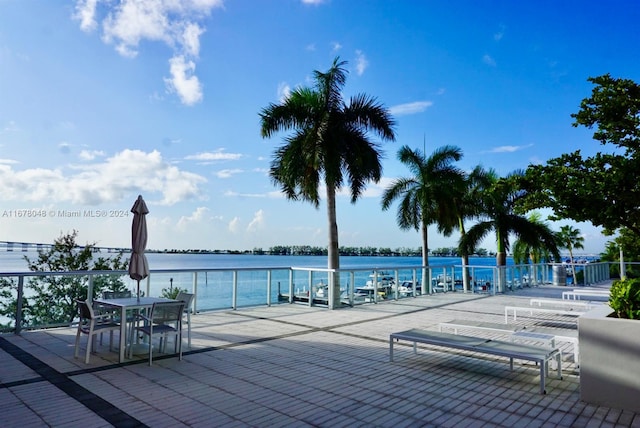 view of patio with a water view