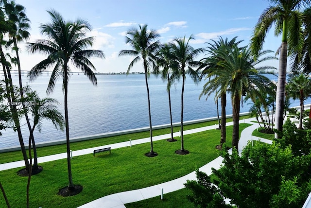 view of home's community with a water view and a lawn