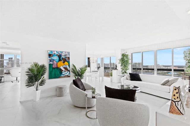 living room with a chandelier