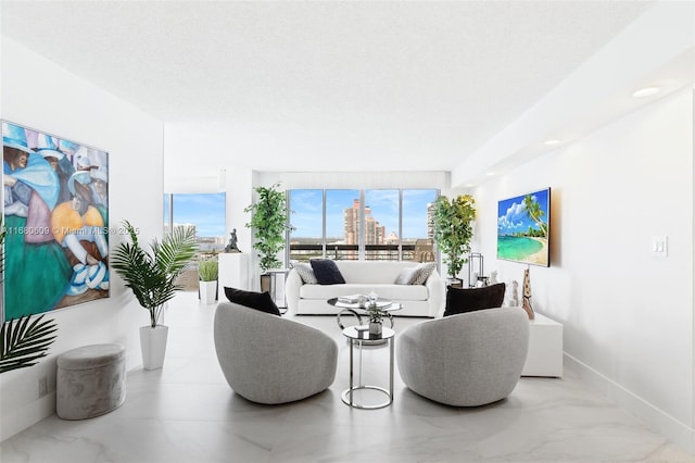 living room featuring a textured ceiling