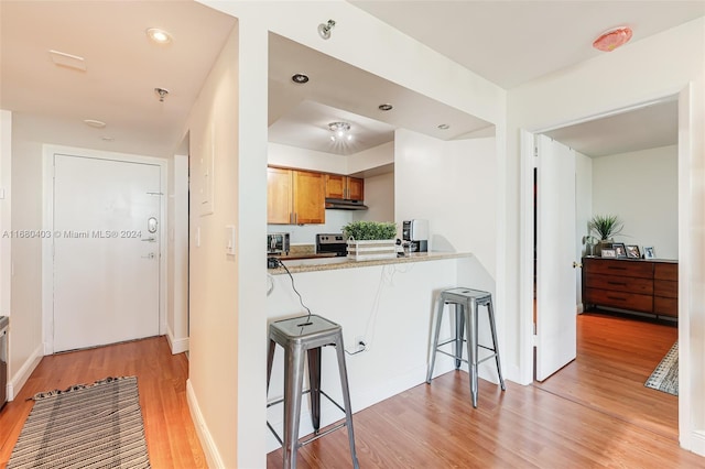850 N Miami Ave Unit W-906, Miami, FL 33136 - kitchen featuring under cabinet range hood, light wood-type flooring, a kitchen bar, stainless steel electric range oven, and light countertops