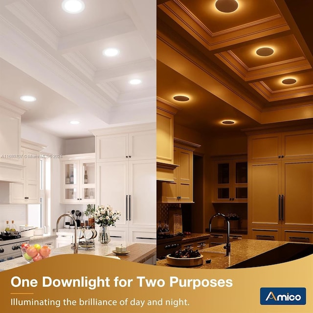 kitchen featuring white cabinetry, paneled fridge, coffered ceiling, beamed ceiling, and ornamental molding