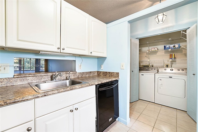 kitchen with sink, dishwasher, a textured ceiling, white cabinetry, and light tile patterned floors