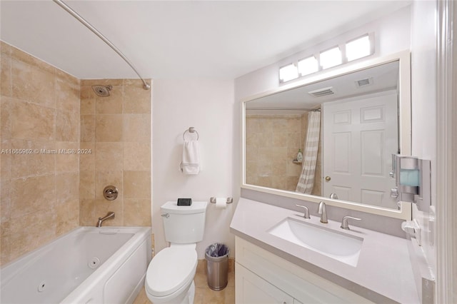 full bathroom with vanity, shower / bath combination with curtain, and toilet