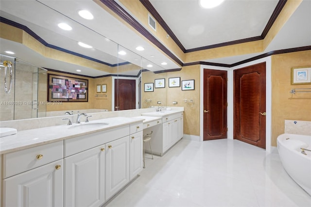 bathroom with tile patterned flooring, vanity, crown molding, and plus walk in shower