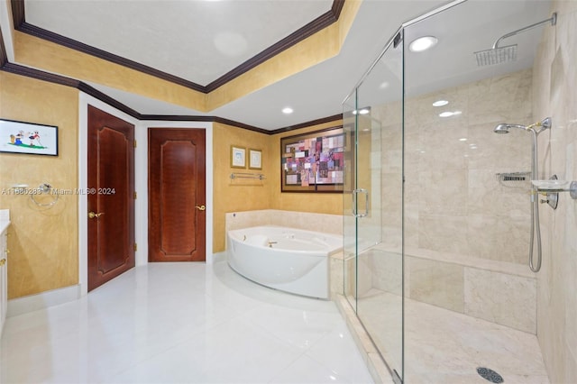 bathroom featuring tile patterned floors, vanity, ornamental molding, and plus walk in shower