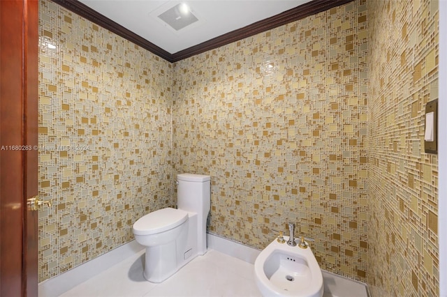 bathroom with a bidet, toilet, tile walls, and crown molding