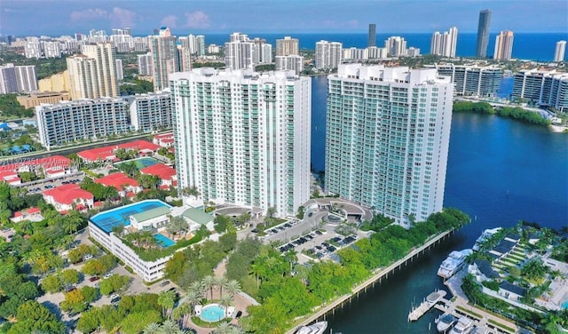 drone / aerial view featuring a water view