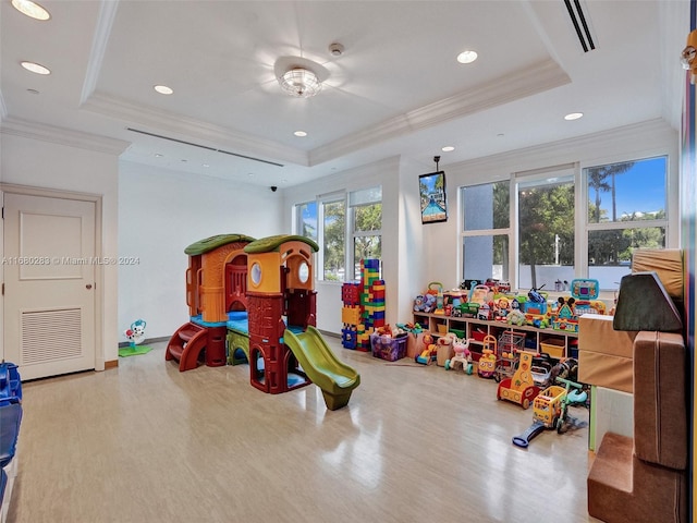 game room with a tray ceiling, hardwood / wood-style flooring, and crown molding