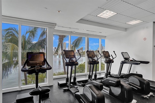 gym featuring expansive windows, a wealth of natural light, and a water view