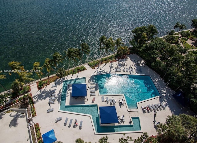 birds eye view of property featuring a water view